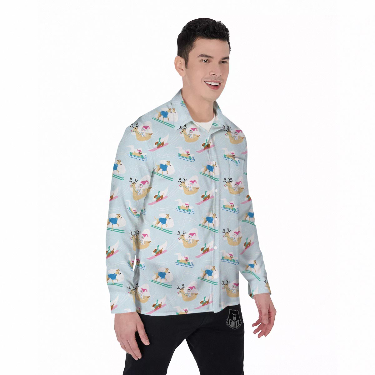 Dog Skiing Print Pattern Men's Long Sleeve Shirts-grizzshop
