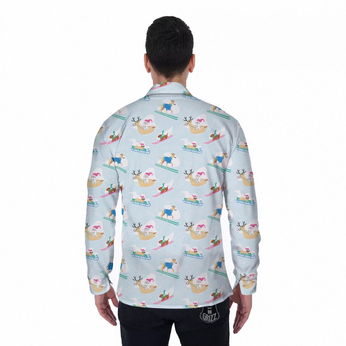 Dog Skiing Print Pattern Men's Long Sleeve Shirts-grizzshop