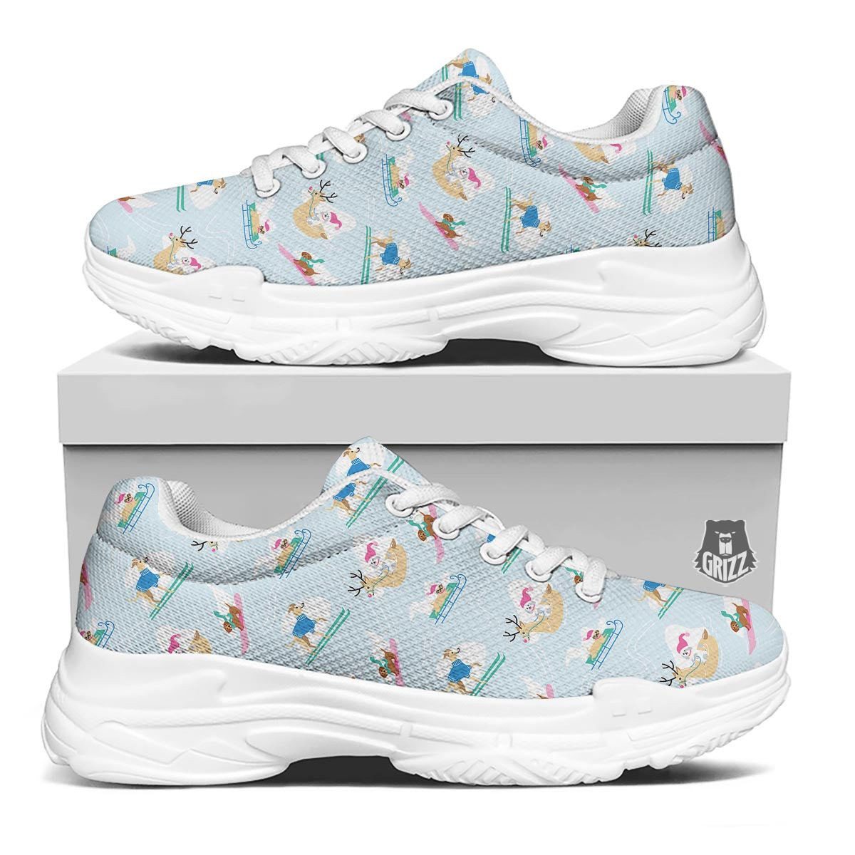 Dog Skiing Print Pattern White Chunky Shoes-grizzshop