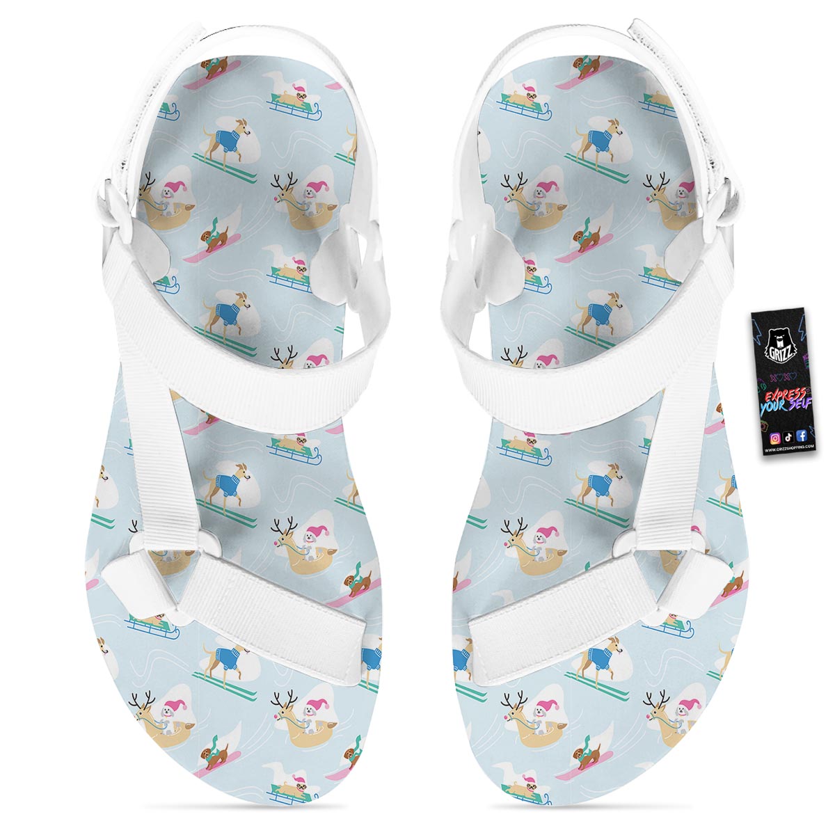 Dog Skiing Print Pattern White Open Toe Sandals-grizzshop