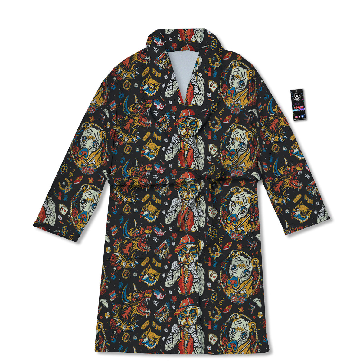 Dogs Old School Tattoo Print Pattern Bathrobe-grizzshop