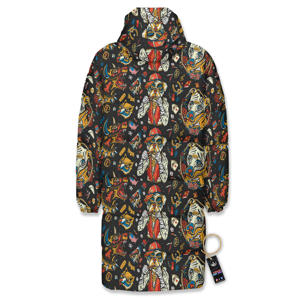 Dogs Old School Tattoo Print Pattern Long Down Jacket-grizzshop