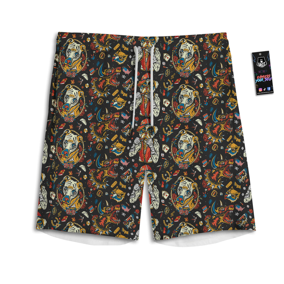 Dogs Old School Tattoo Print Pattern Men's Athletic Shorts