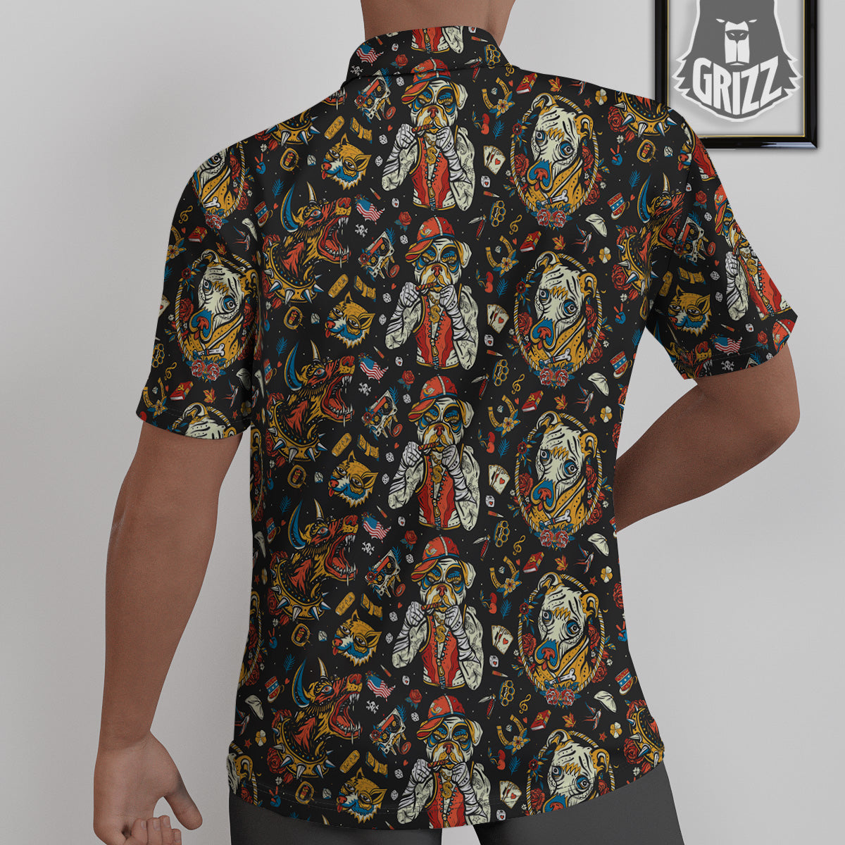 Dogs Old School Tattoo Print Pattern Untucked Shirts-grizzshop