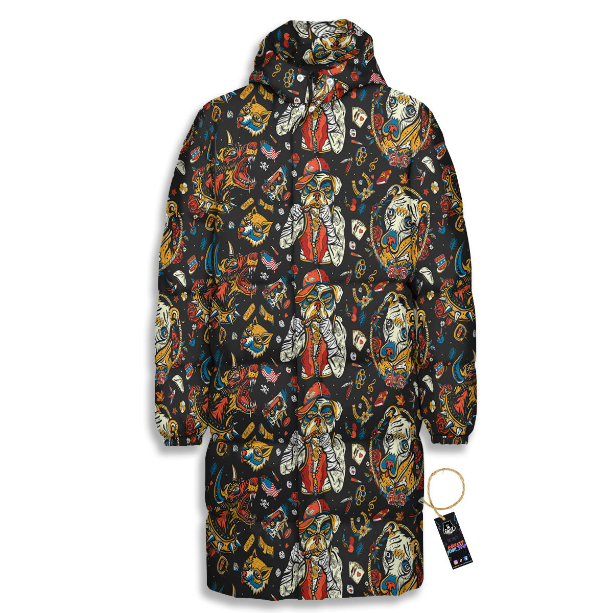 Dogs Old School Tattoo Print Pattern Long Down Jacket