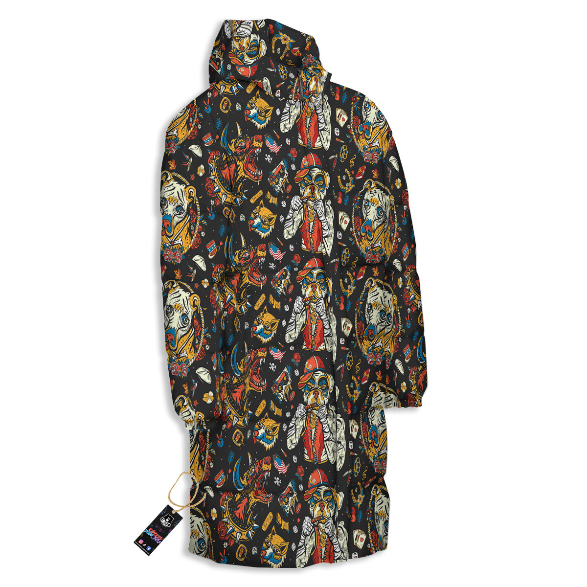 Dogs Old School Tattoo Print Pattern Long Down Jacket