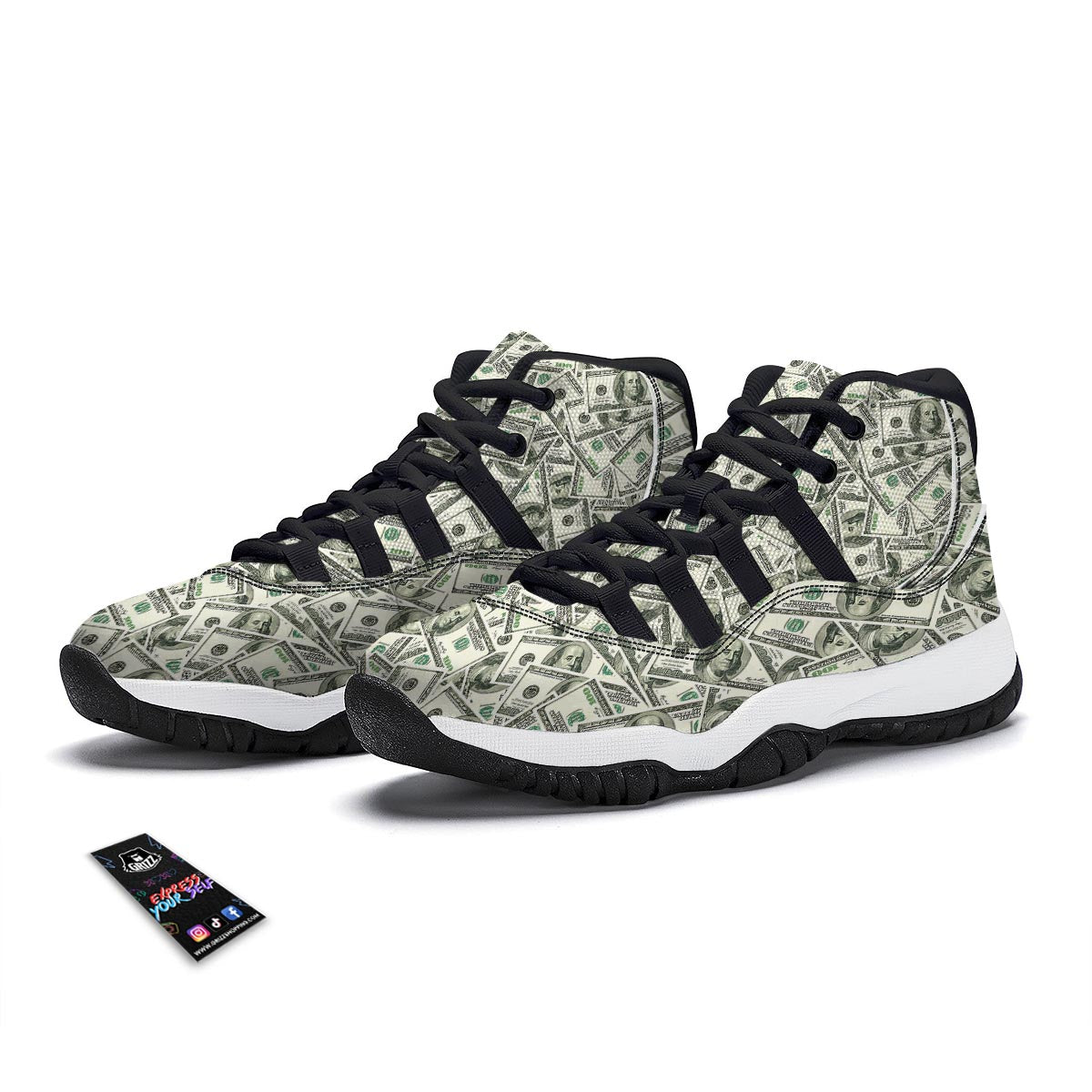 Dollar Money Pattern Print Black Bball Shoes-grizzshop