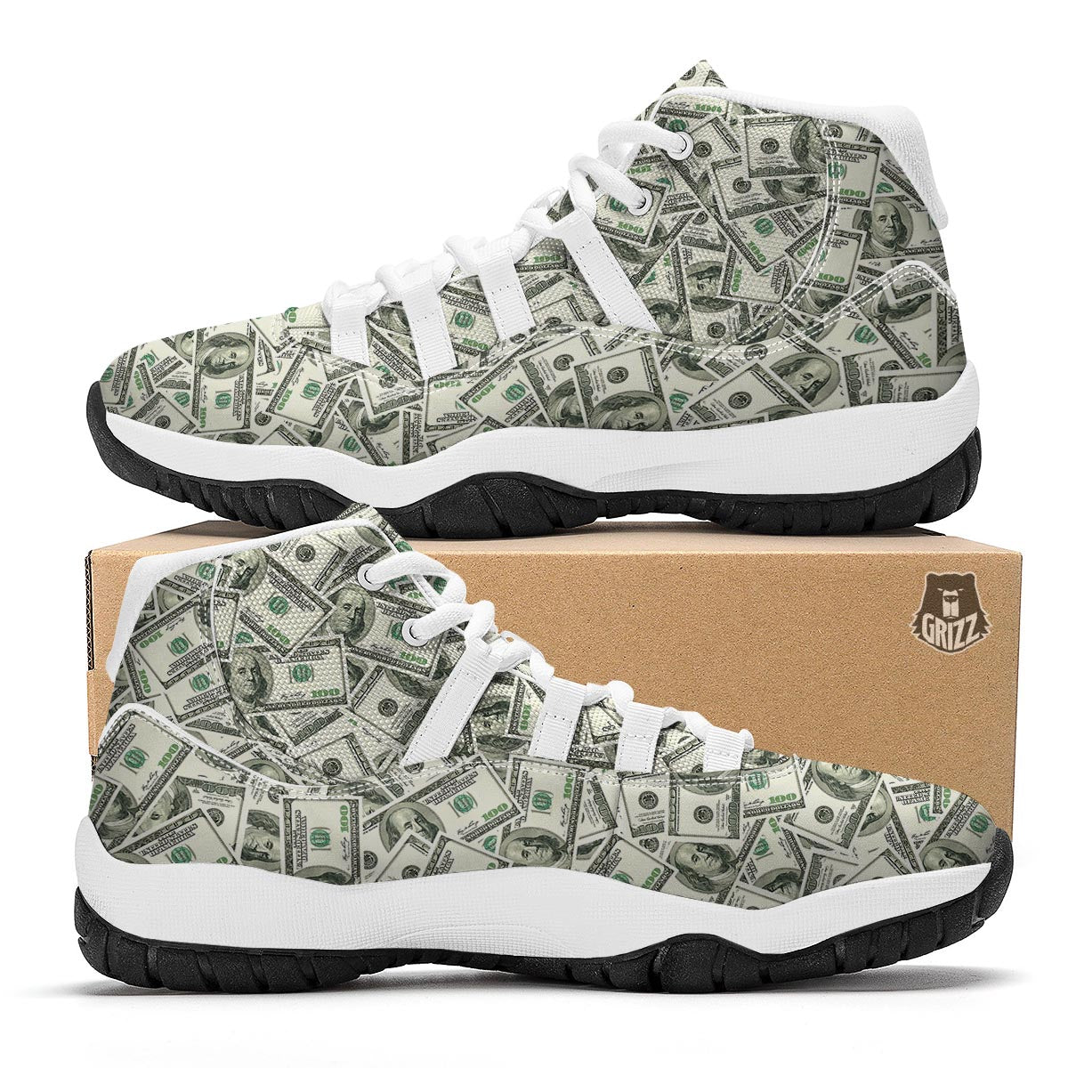 Dollar Money Pattern Print White Bball Shoes-grizzshop