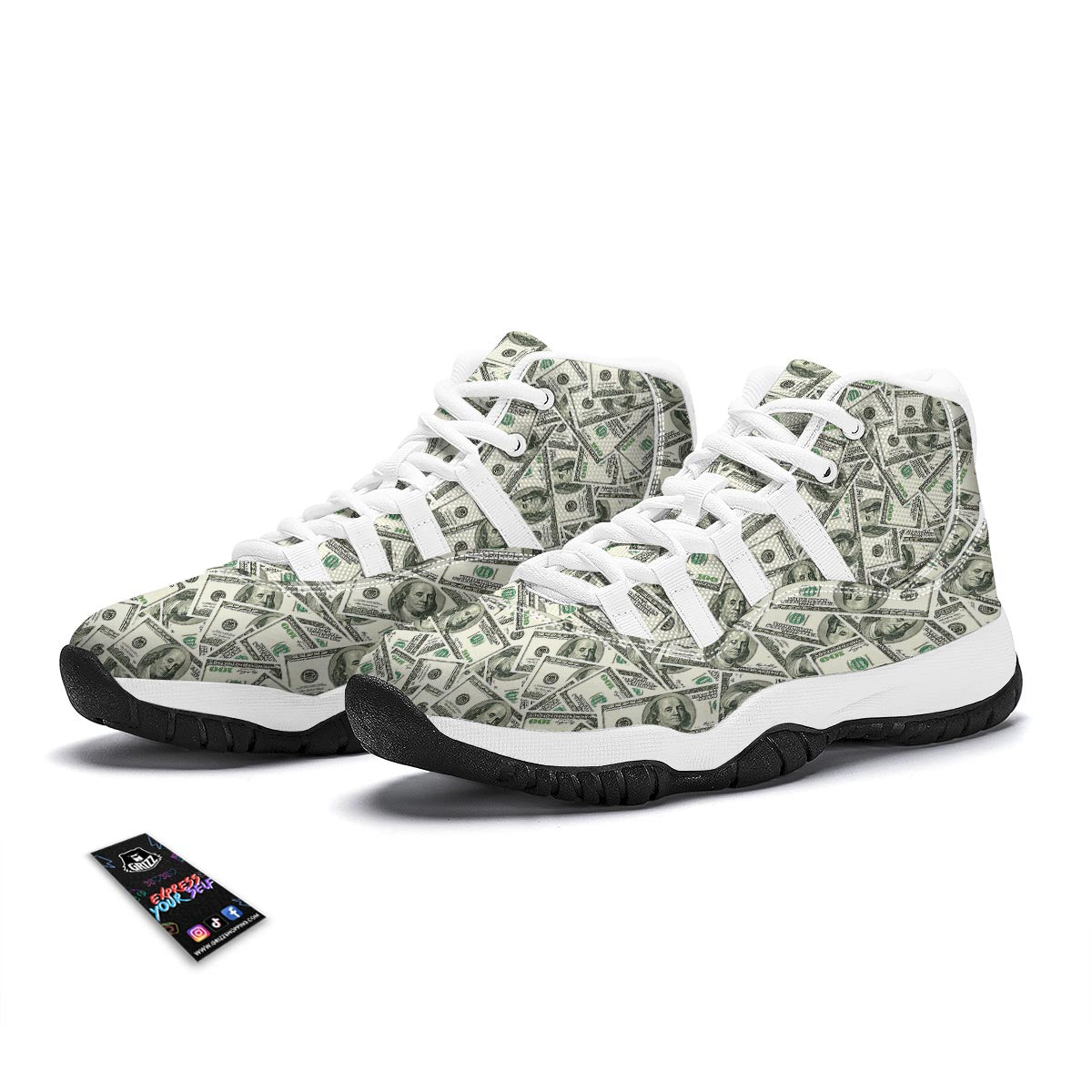Dollar Money Pattern Print White Bball Shoes-grizzshop
