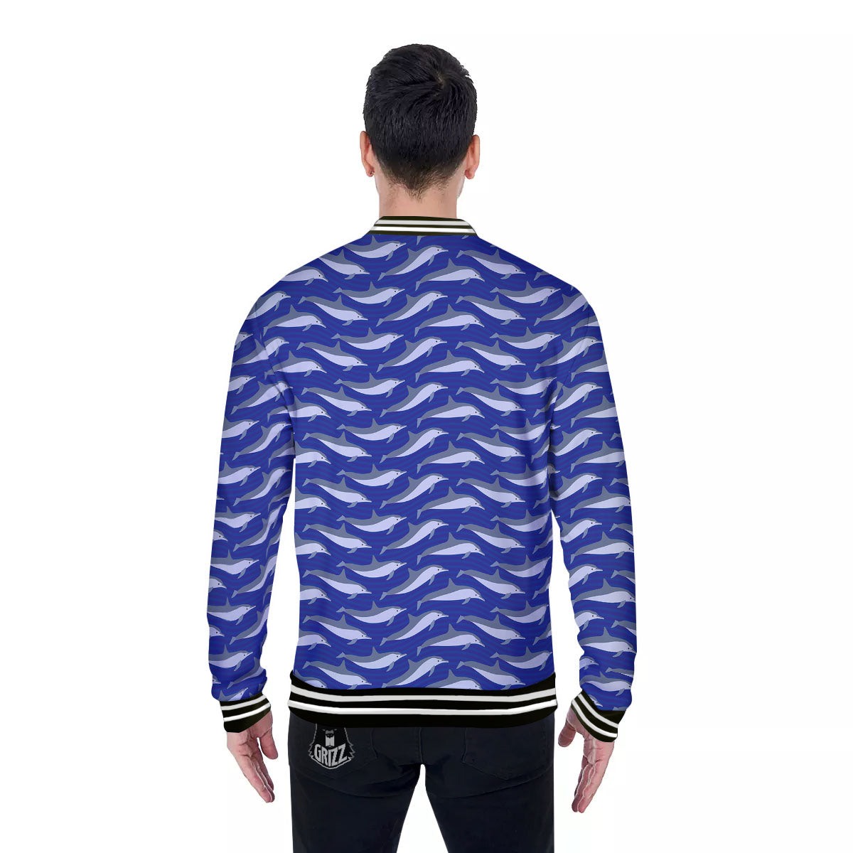 Dolphin And Waves Print Pattern Baseball Jacket-grizzshop