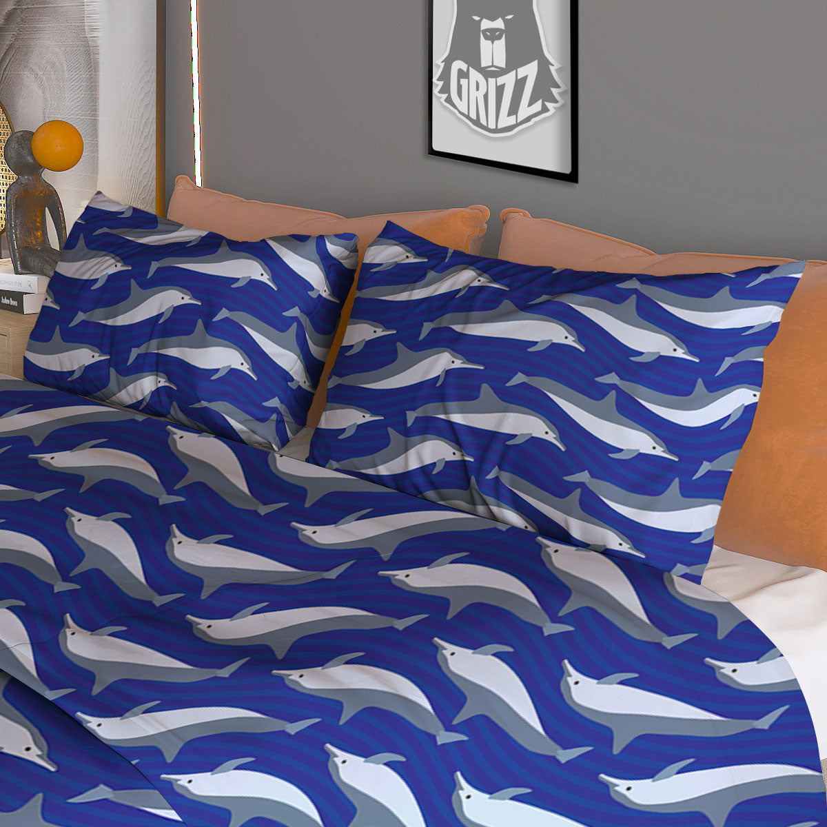 Dolphin And Waves Print Pattern Duvet Cover Bedding Set