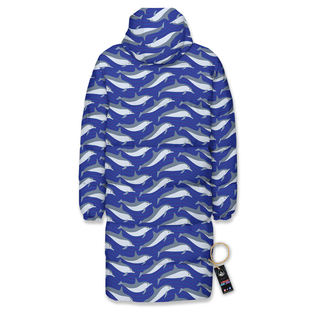 Dolphin And Waves Print Pattern Long Down Jacket-grizzshop
