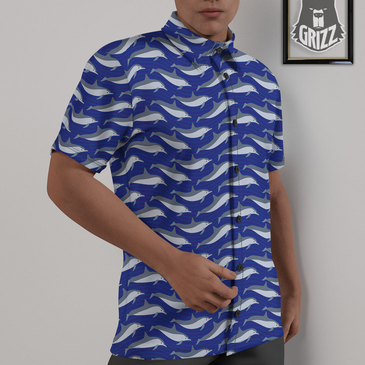 Dolphin And Waves Print Pattern Untucked Shirts-grizzshop