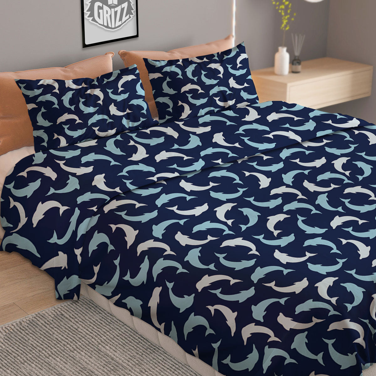 Dolphin Dark Blue Print Pattern Duvet Cover Bedding Set