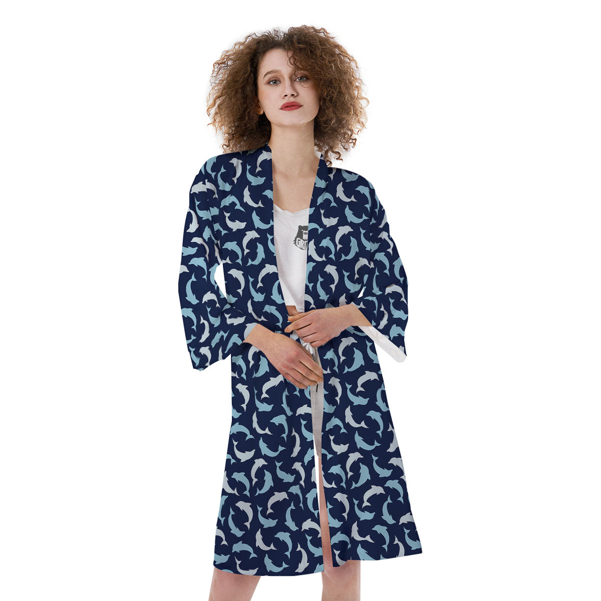 Dolphin Dark Blue Print Pattern Kimono-grizzshop