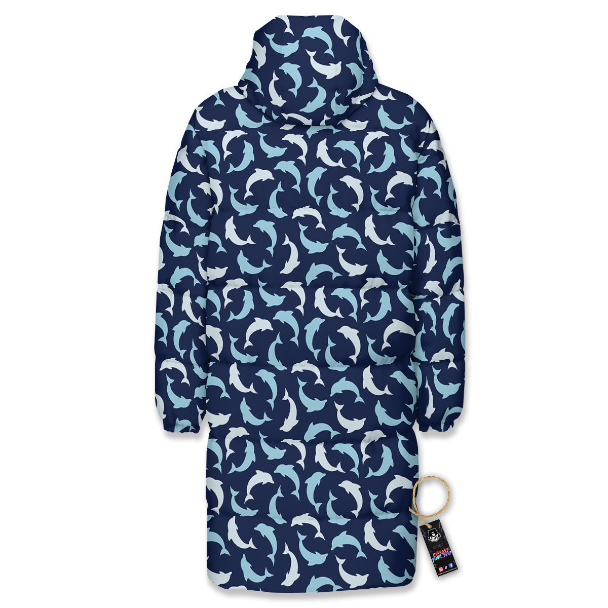 Dolphin Dark Blue Print Pattern Long Down Jacket-grizzshop