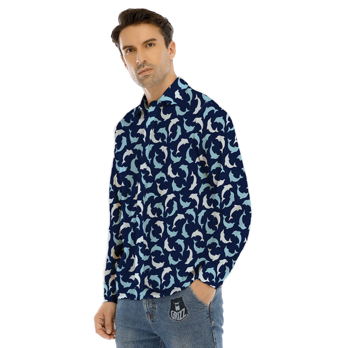 Dolphin Dark Blue Print Pattern Men's Dress Shirts-grizzshop