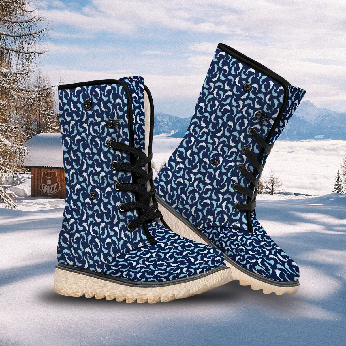 Dolphin Dark Blue Print Pattern Snow Boots-grizzshop