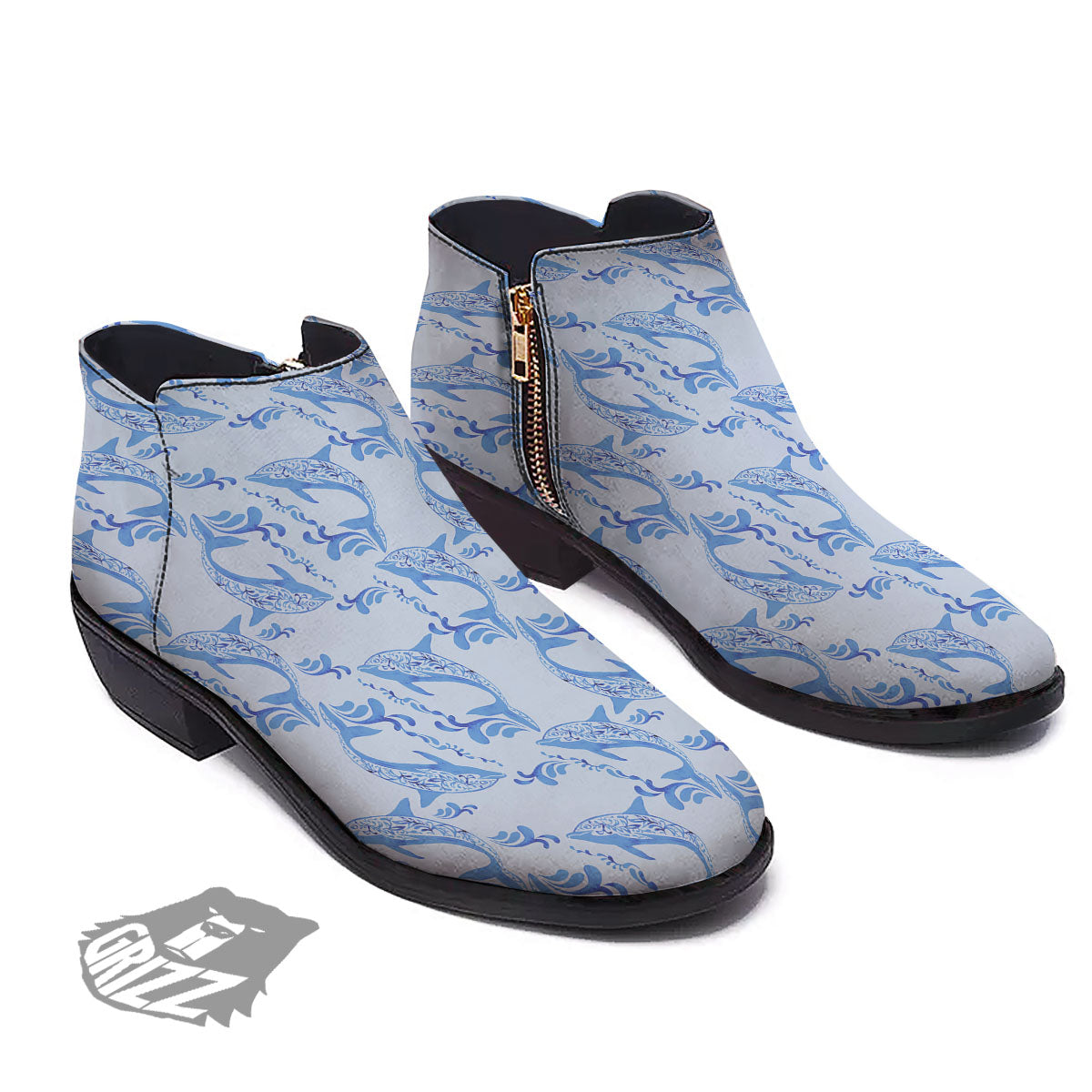 Dolphins Blue Print Pattern Ankle Boots-grizzshop