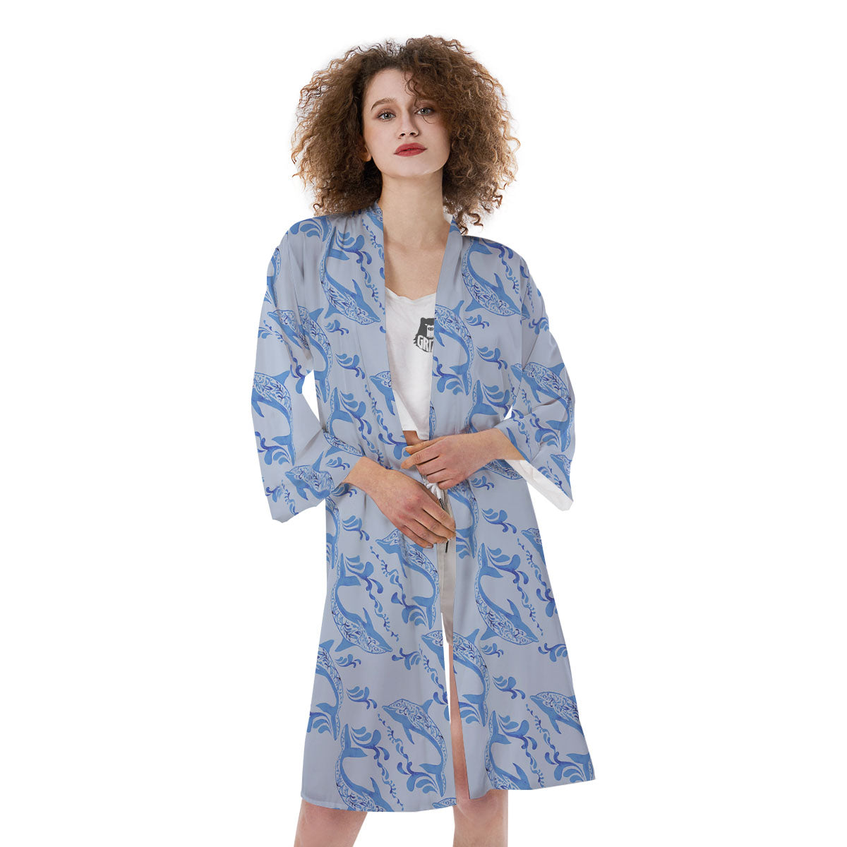 Dolphins Blue Print Pattern Kimono-grizzshop