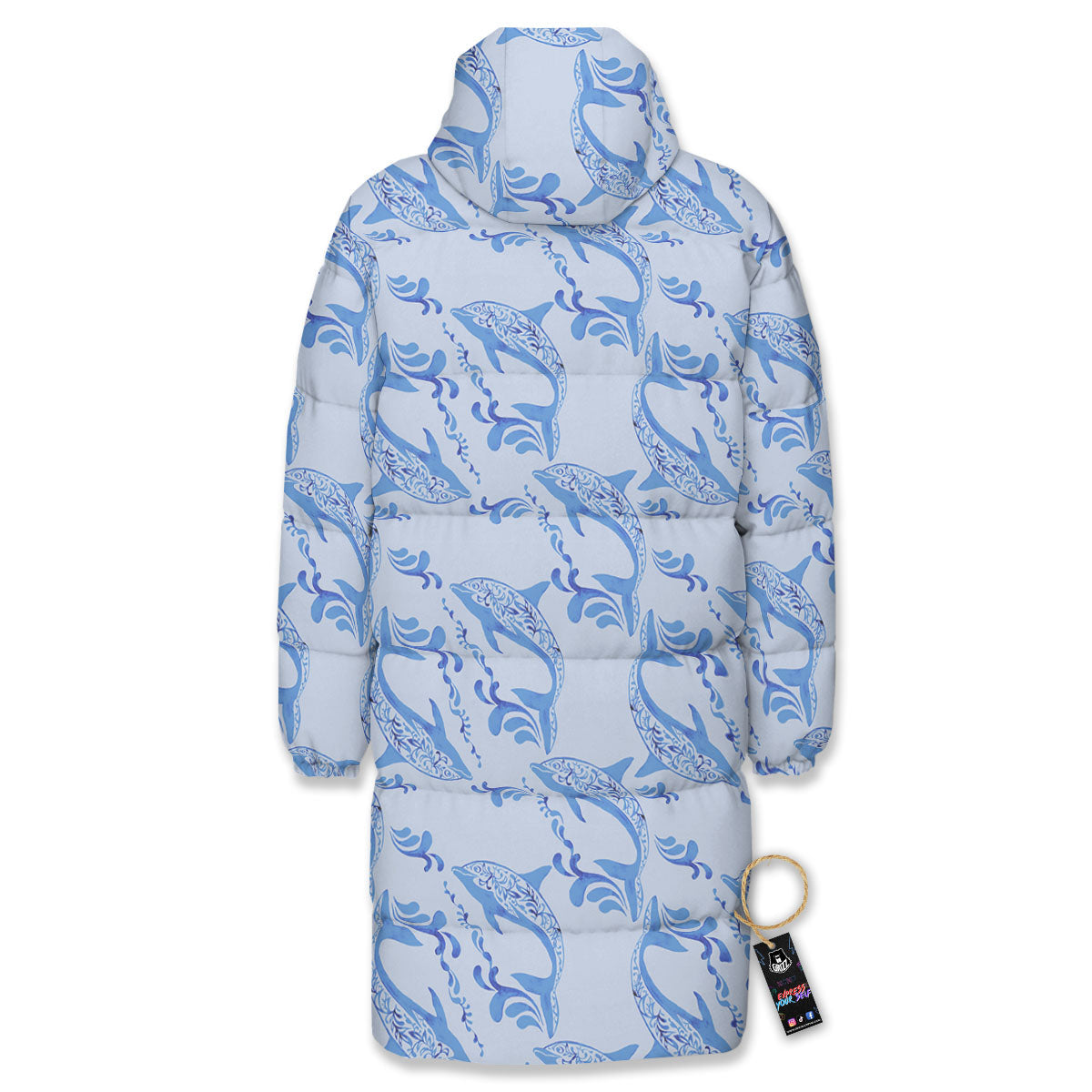 Dolphins Blue Print Pattern Long Down Jacket-grizzshop