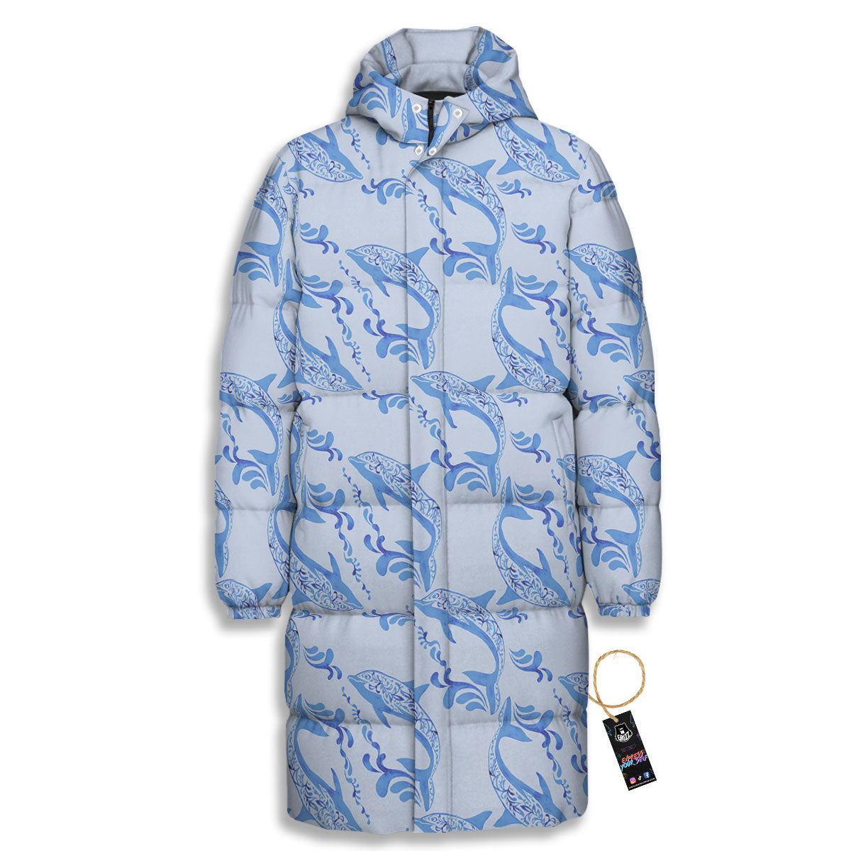 Dolphins Blue Print Pattern Long Down Jacket-grizzshop