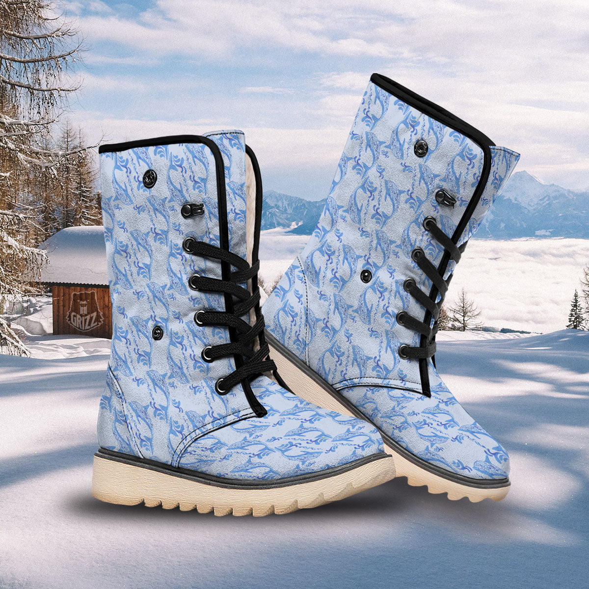 Dolphins Blue Print Pattern Snow Boots-grizzshop