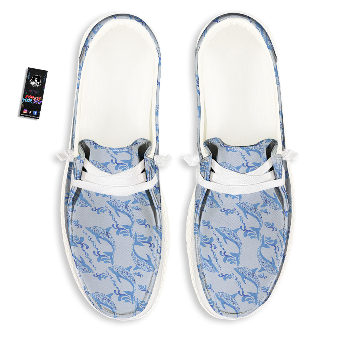 Dolphins Blue Print Pattern White Loafers-grizzshop