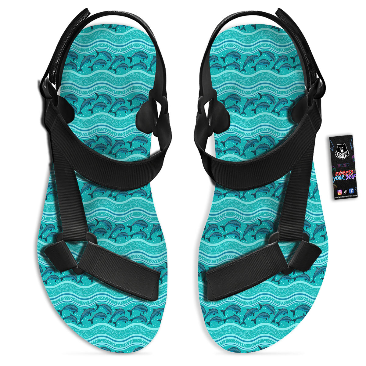 Dolphins In Ocean Print Pattern Black Open Toe Sandals-grizzshop