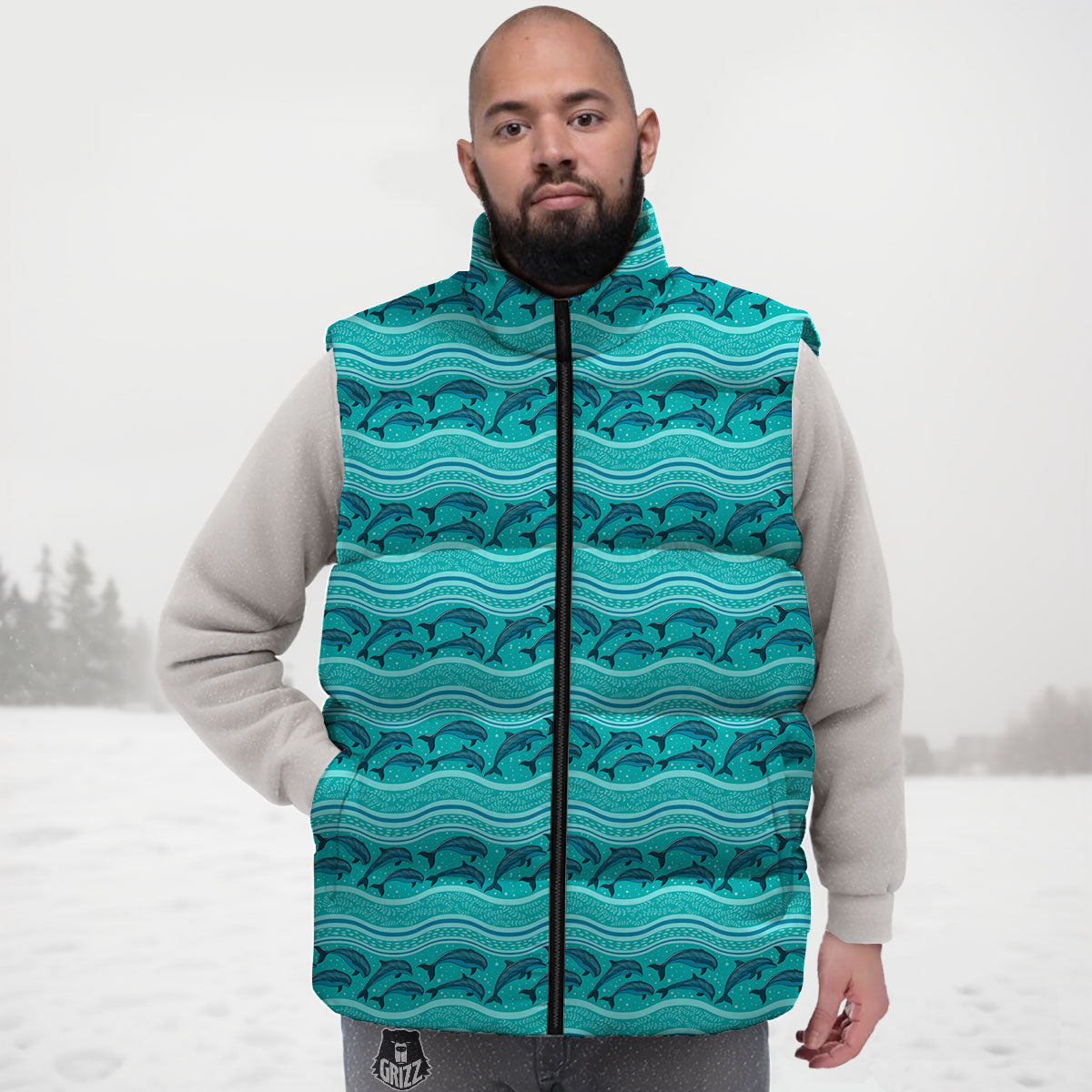 Dolphins In Ocean Print Pattern Down Vest-grizzshop
