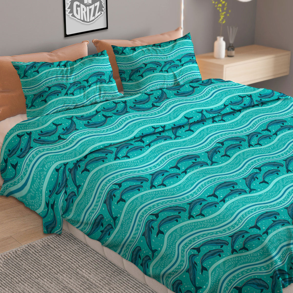 Dolphins In Ocean Print Pattern Duvet Cover Bedding Set