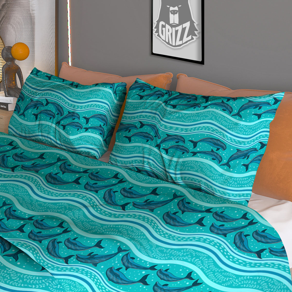 Dolphins In Ocean Print Pattern Duvet Cover Bedding Set