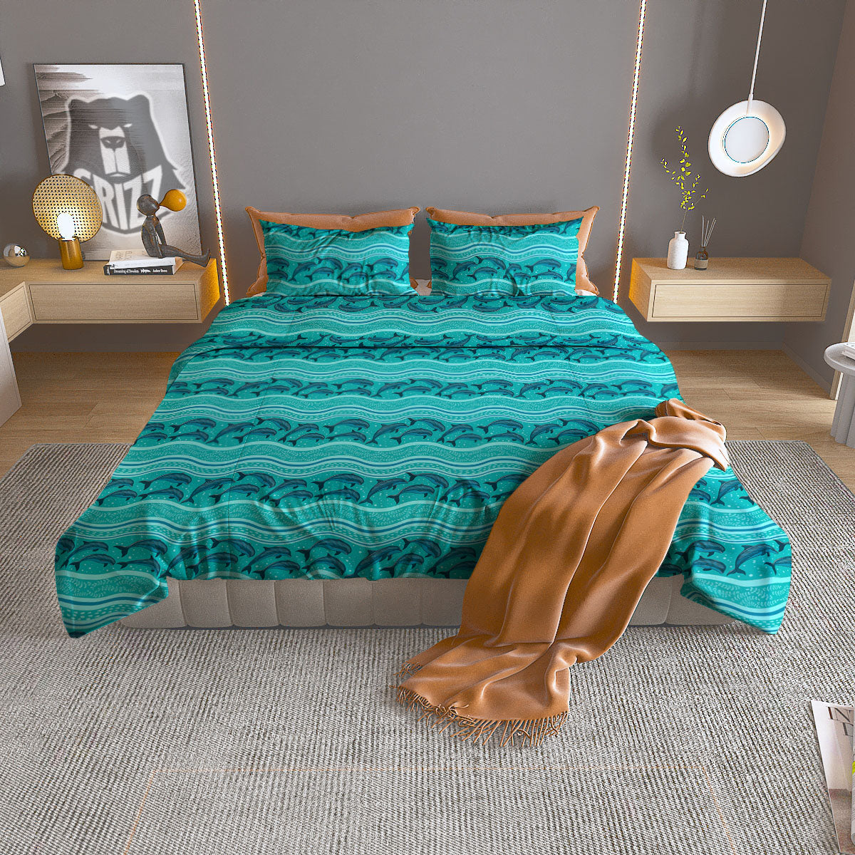 Dolphins In Ocean Print Pattern Duvet Cover Bedding Set