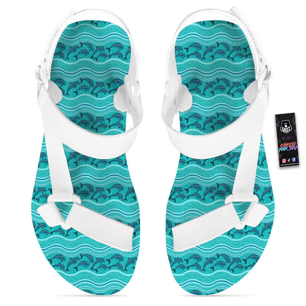 Dolphins In Ocean Print Pattern White Open Toe Sandals-grizzshop