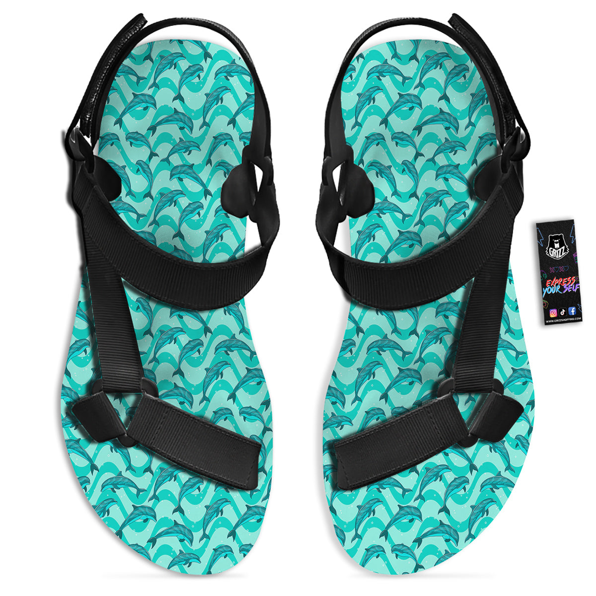 Dolphins In The Ocean Cute Print Pattern Black Open Toe Sandals-grizzshop