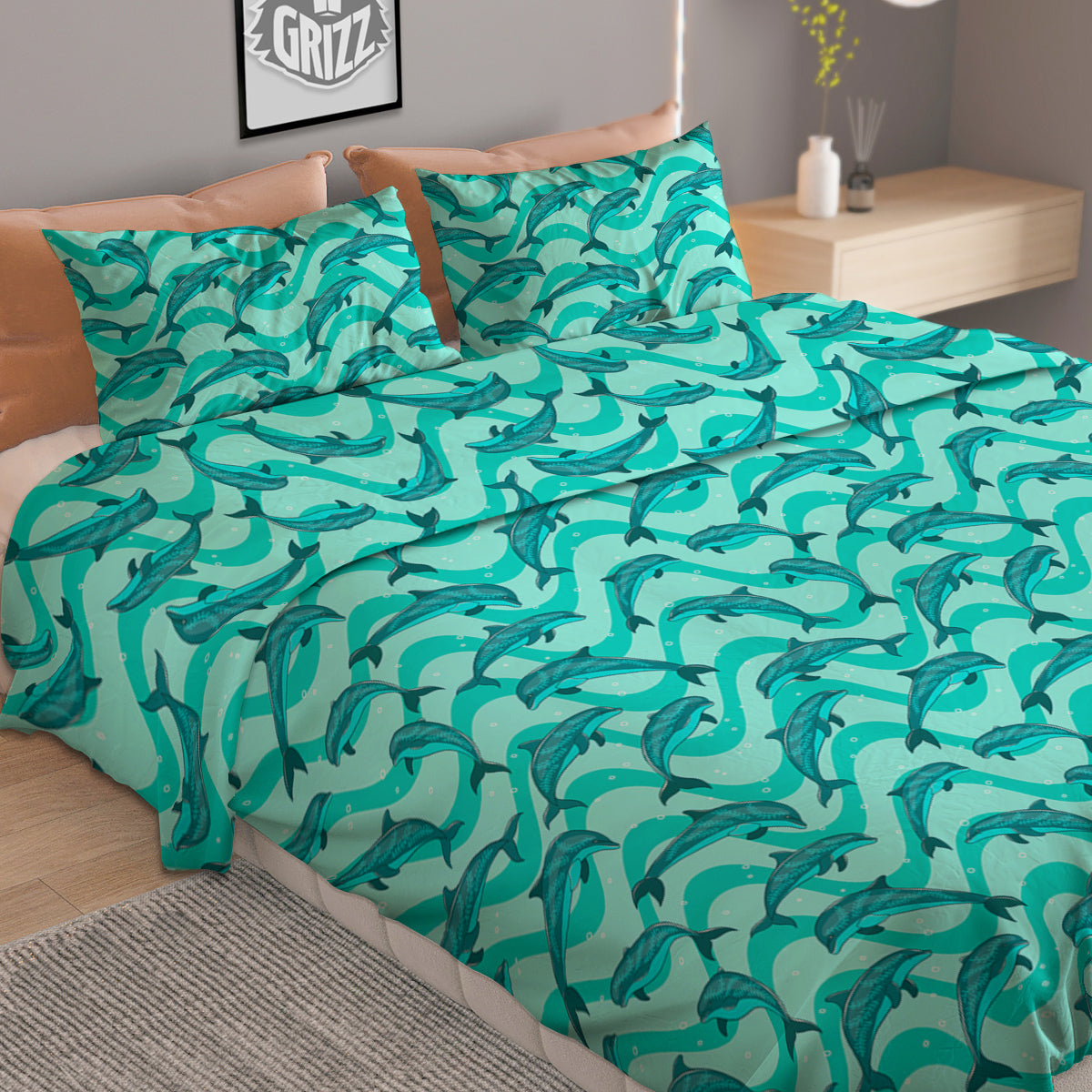 Dolphins In The Ocean Cute Print Pattern Duvet Cover Bedding Set