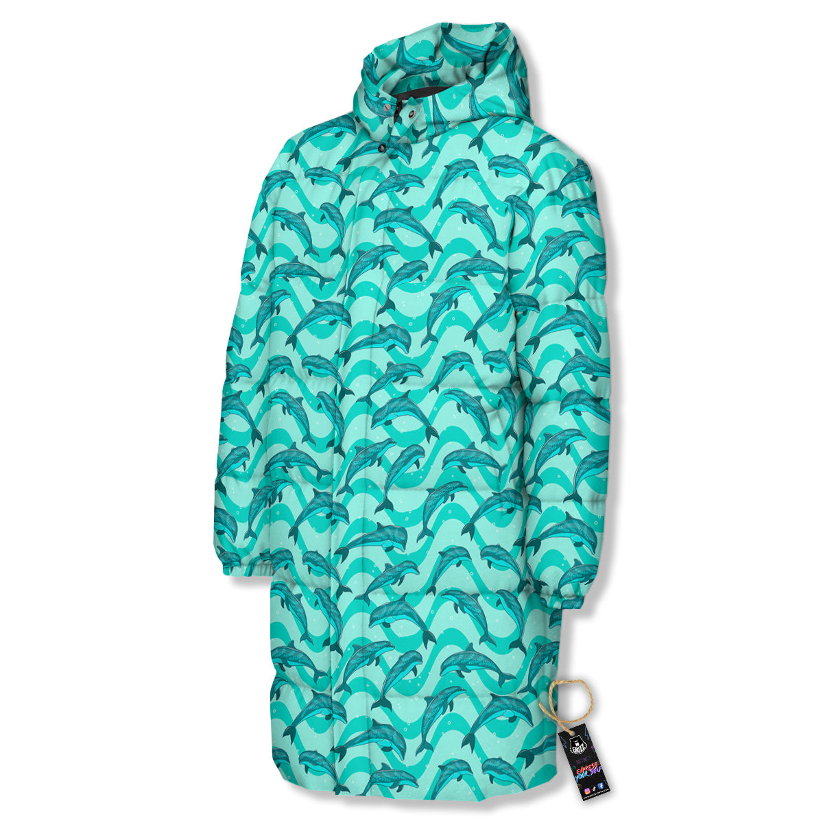 Dolphins In The Ocean Cute Print Pattern Long Down Jacket-grizzshop