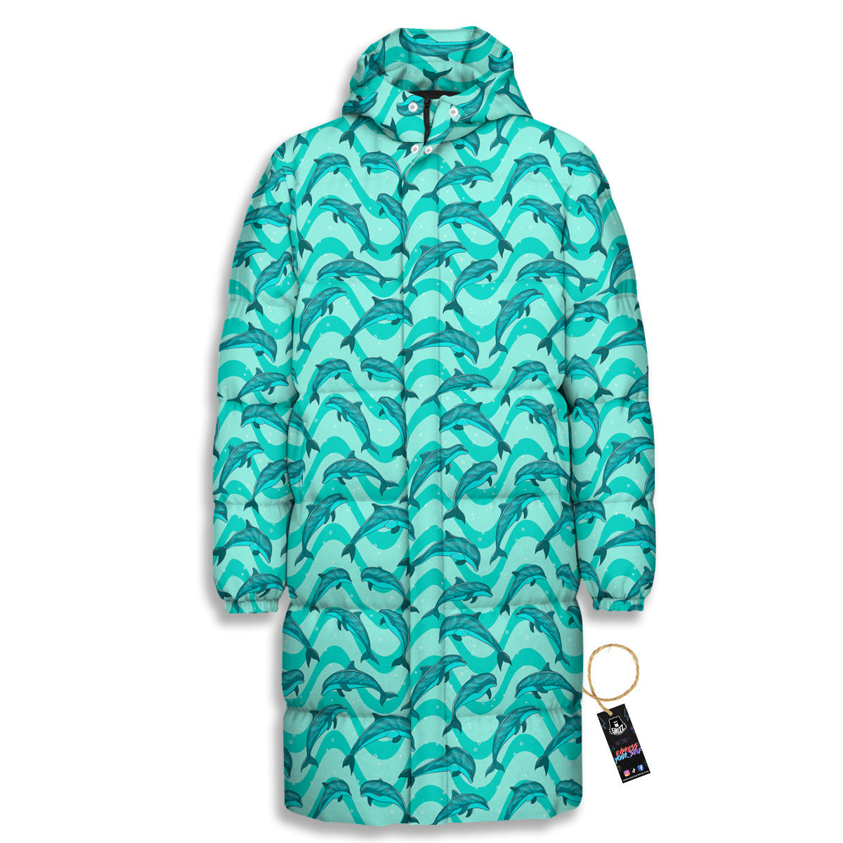 Dolphins In The Ocean Cute Print Pattern Long Down Jacket-grizzshop