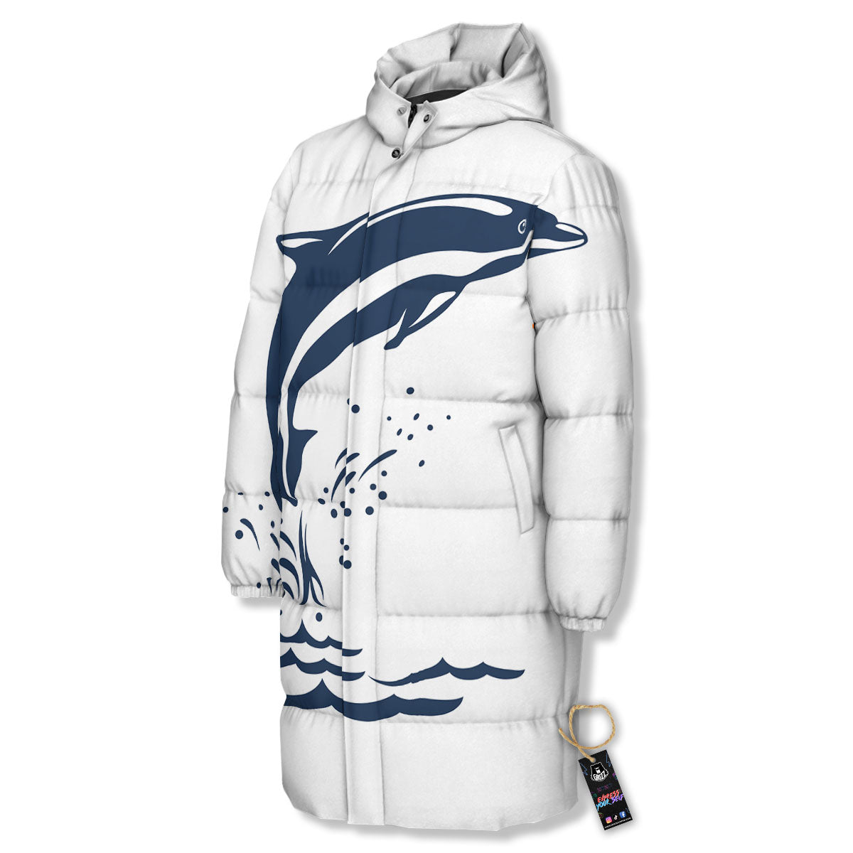 Dolphins Jump On Waves Print Long Down Jacket-grizzshop