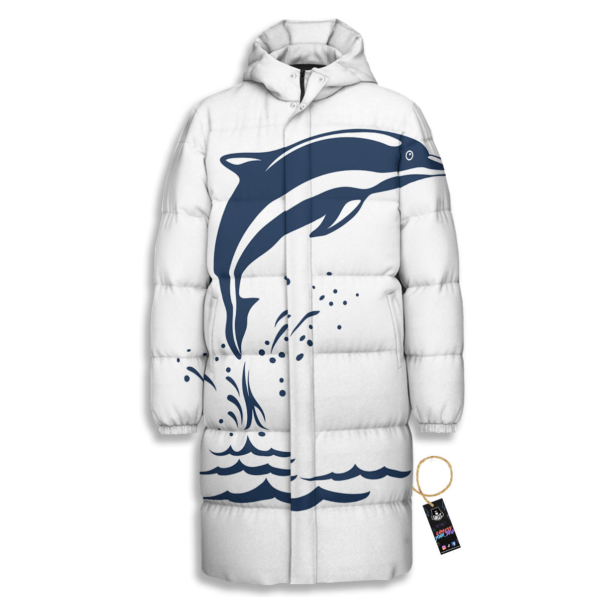 Dolphins Jump On Waves Print Long Down Jacket-grizzshop