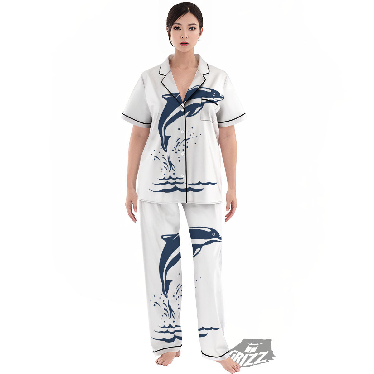Dolphins Jump On Waves Print Women's Pajamas Set-grizzshop