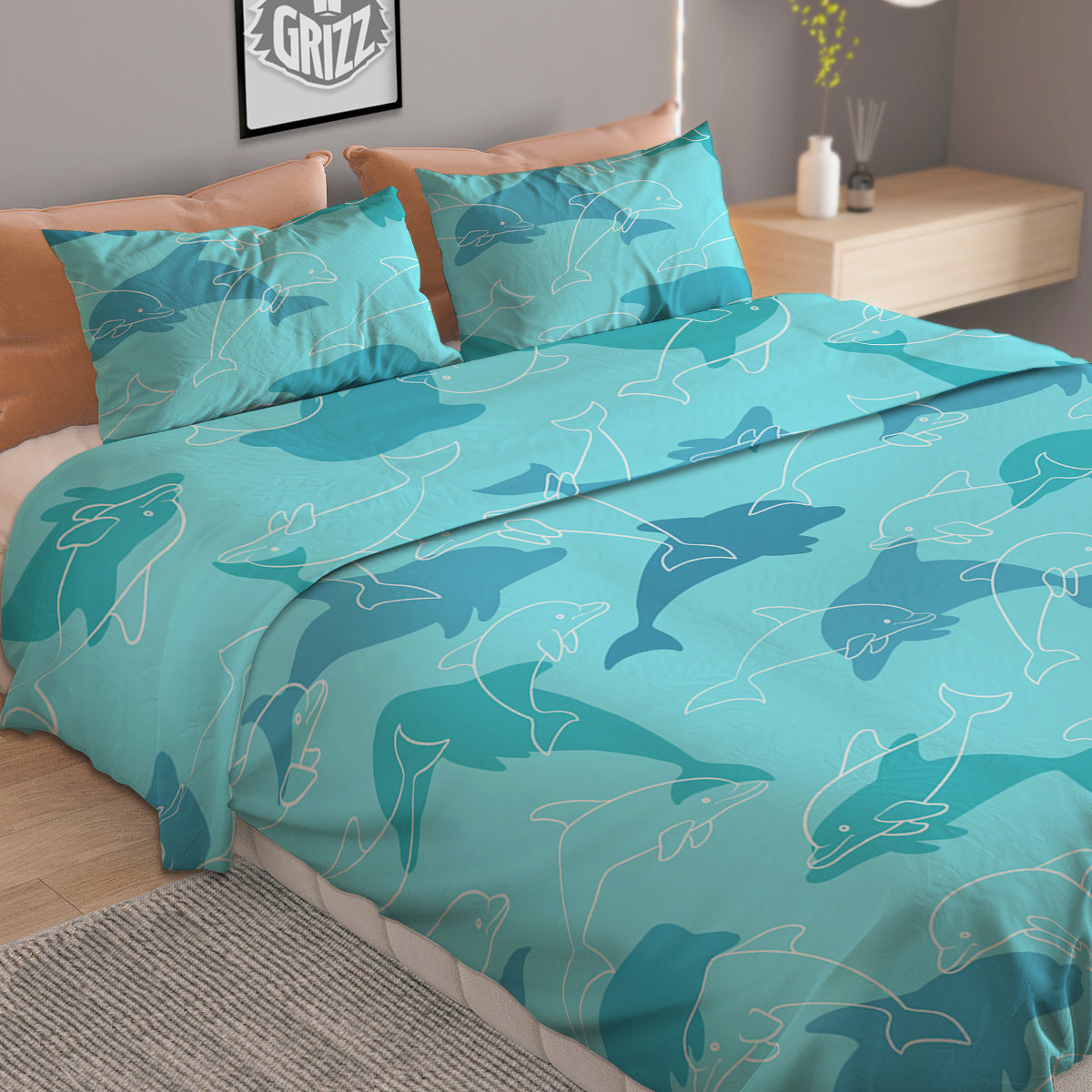 Dolphins Vintage Print Pattern Duvet Cover Bedding Set