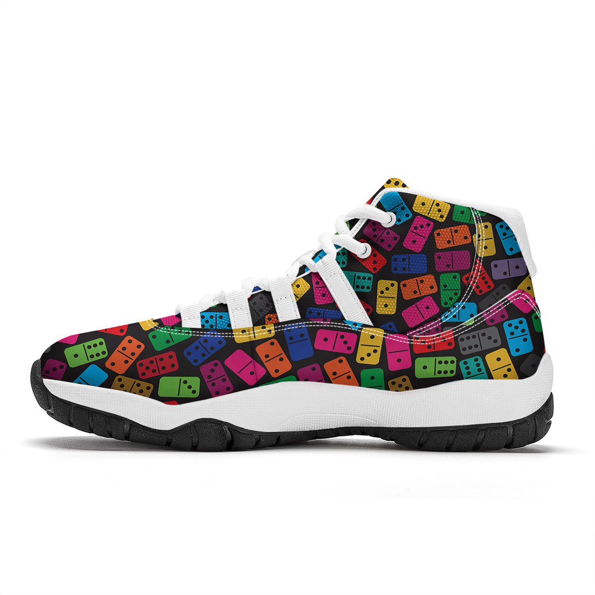 Domino Black And Colorful Print Pattern White Bball Shoes-grizzshop