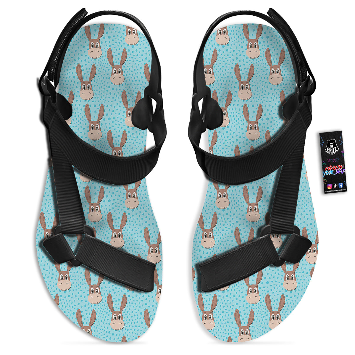 Donkey Cute Cartoon Print Pattern Black Open Toe Sandals-grizzshop