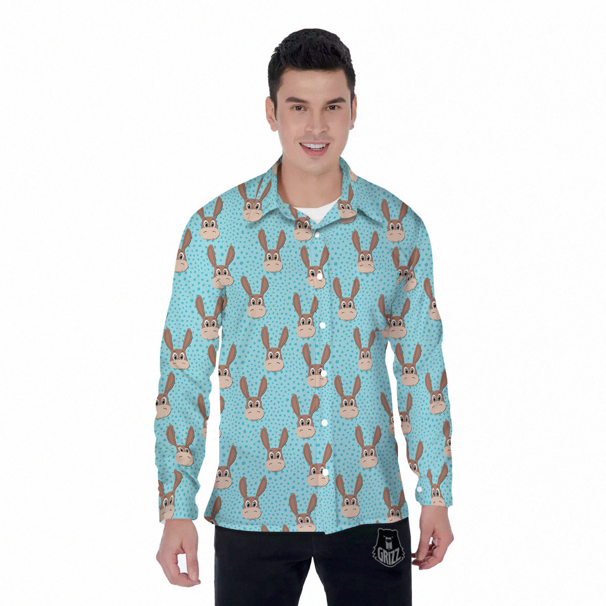 Donkey Cute Cartoon Print Pattern Men's Long Sleeve Shirts-grizzshop