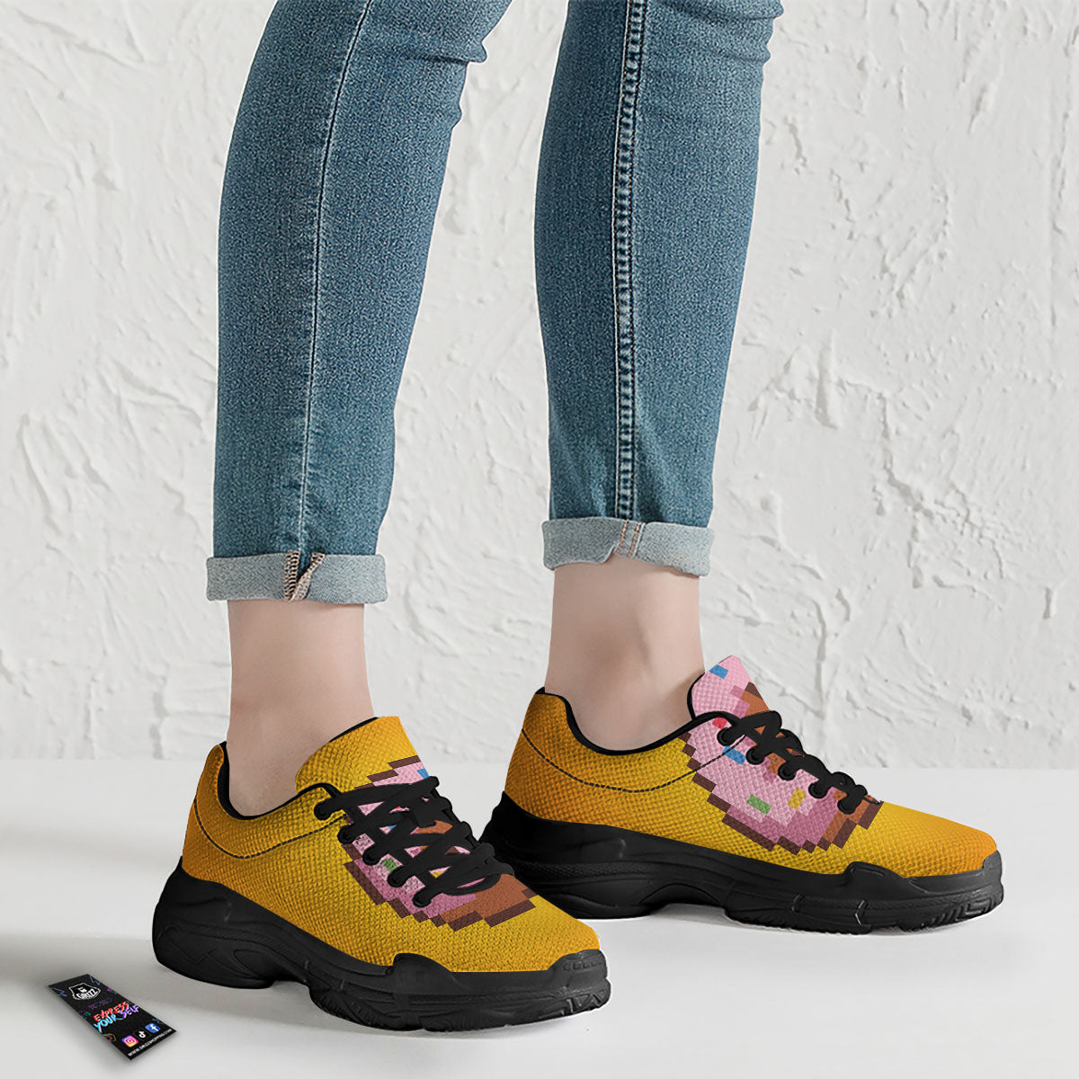 Donut 8-Bit Pixel Print Black Chunky Shoes-grizzshop