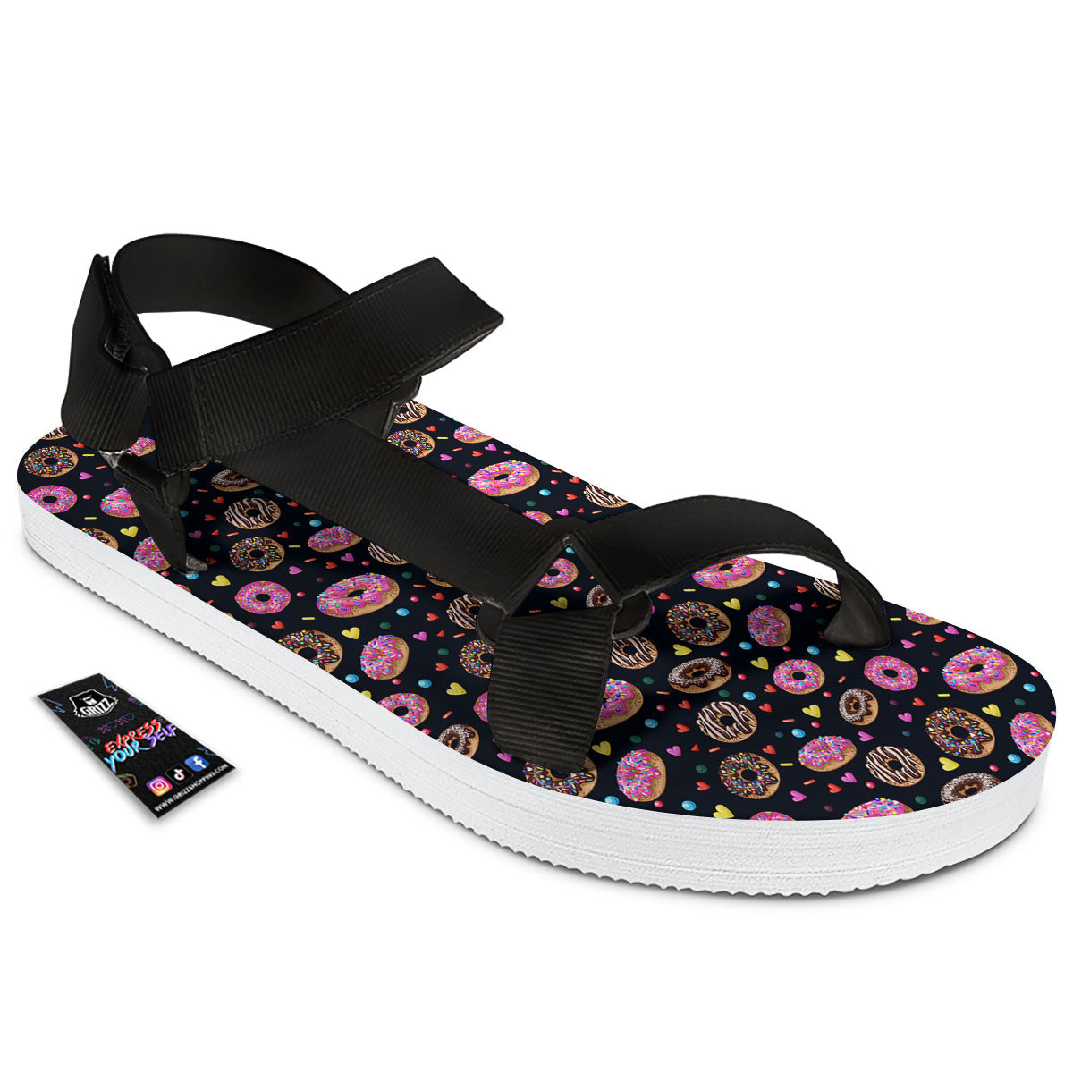 Donut Glaze Print Pattern Black Open Toe Sandals-grizzshop