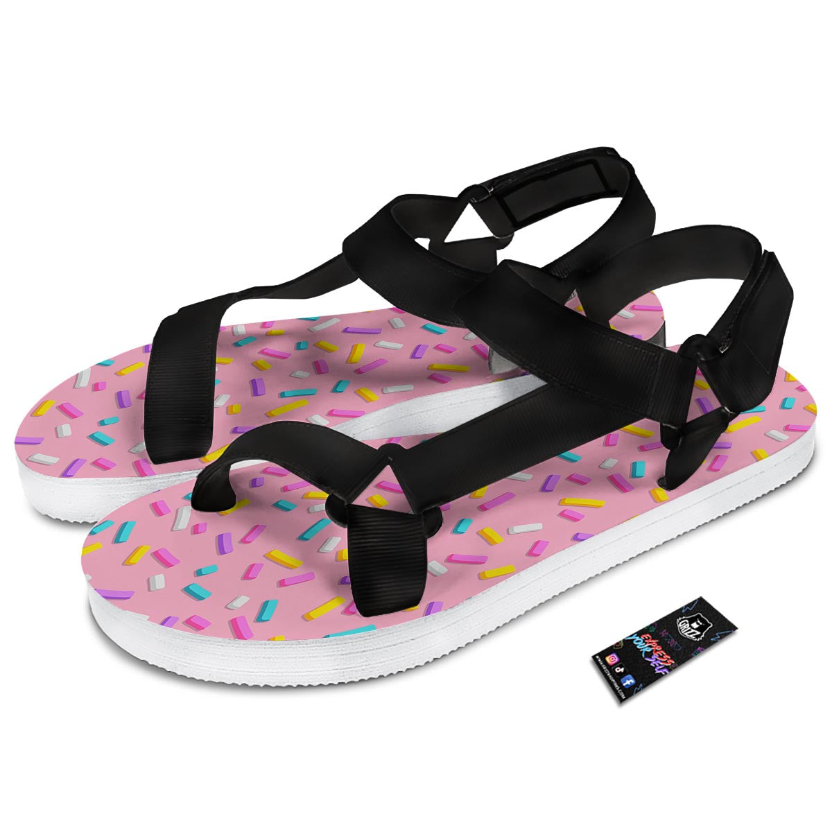 Donut Sprinkles Print Pattern Black Open Toe Sandals-grizzshop