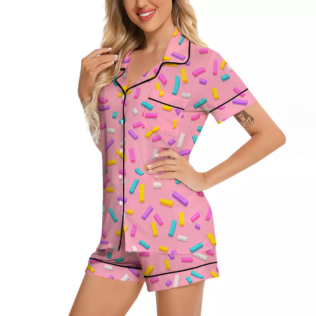 Donut Sprinkles Print Pattern Women Silk Pajamas-grizzshop