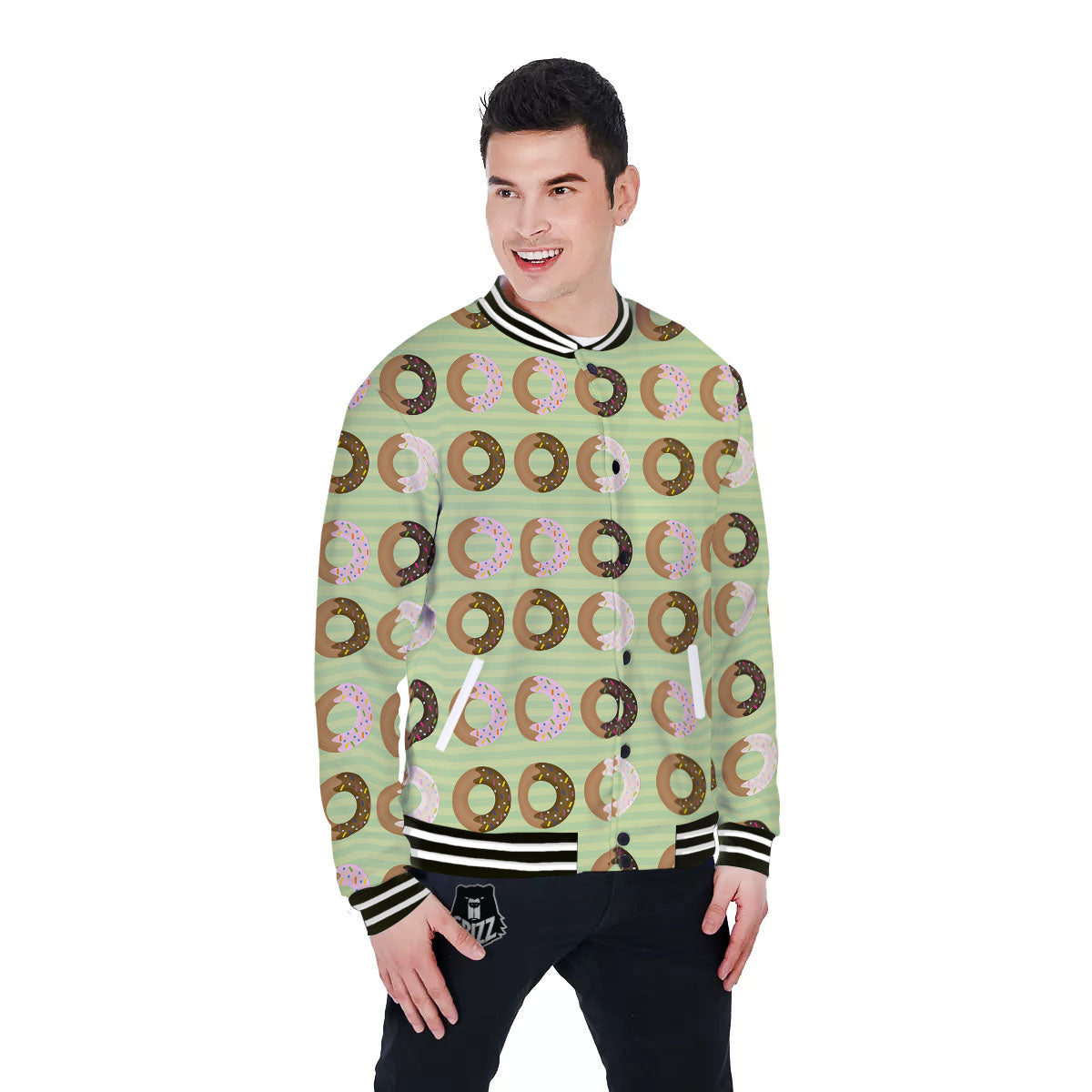 Donut Striped Green Print Pattern Baseball Jacket-grizzshop